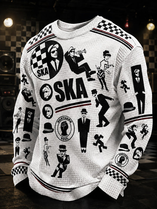 Men's Ska Revival Style Printed Waffle Long Sleeve T-Shirt