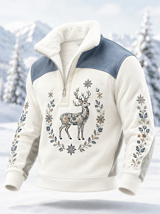 Men’s Nordic Reindeer Heritage Print Plush Zipper Pullover