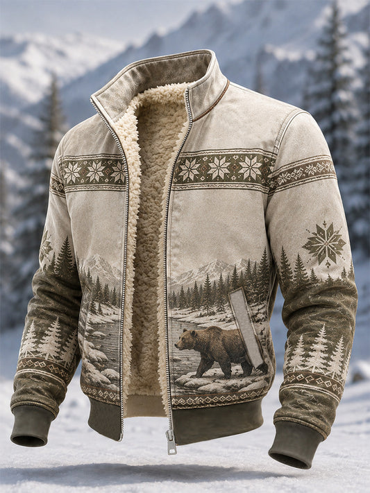 Men's Winter Snow Bear Print Casual Composite Fleece Jacket