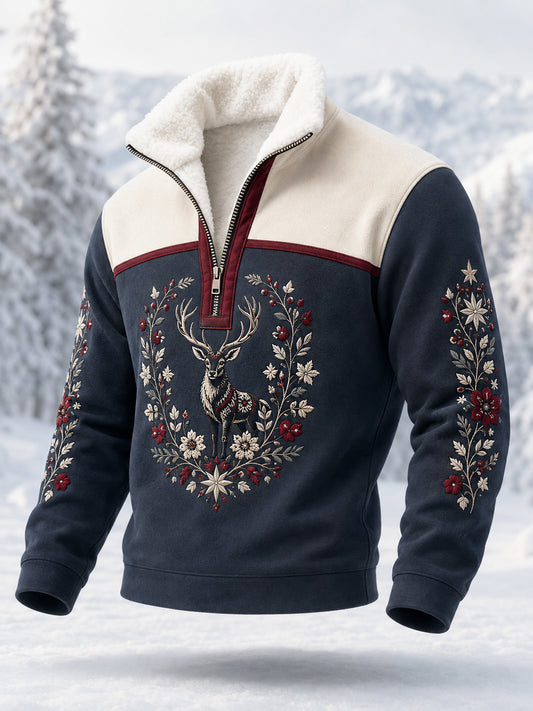 Men’s Nordic Reindeer Heritage Print Plush Zipper Pullover