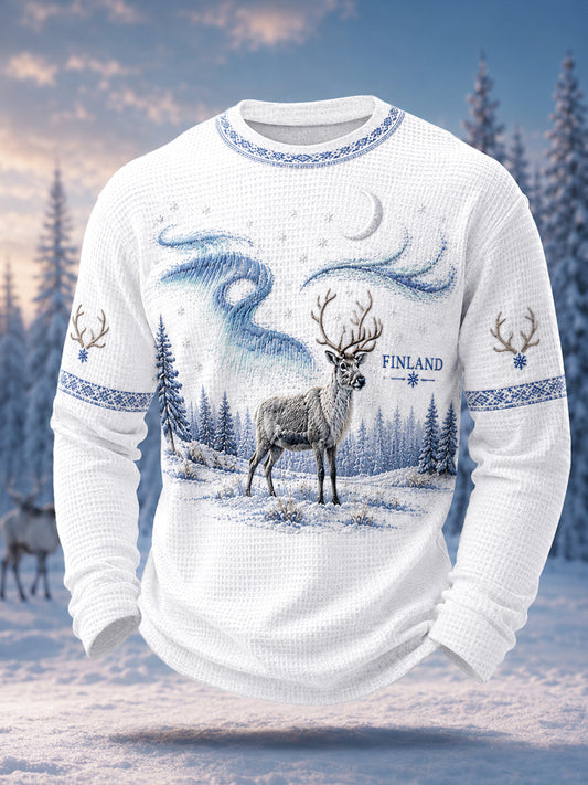 Men's Nordic Reindeer Heritage Print Casual Waffle Long Sleeve T-Shirt