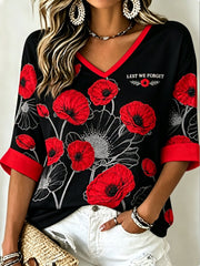 Women's Remembrance Day Lest We Forget Mid-length Sleeves V-Neck T-Shirt