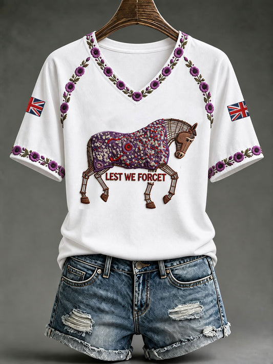 Women's Lest We Forget The Warhorse Print V-neck T-shirt
