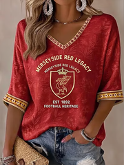 Women's Gift For Soccer Fans Liverpool Print Mid-length Sleeves V-Neck T-Shirt