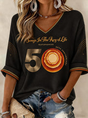 Women's 50 Years Of Songs In The Key Of Life Printed Mid-length Sleeves V-neck T-shirt