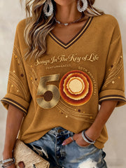 Women's 50 Years Of Songs In The Key Of Life Printed Mid-length Sleeves V-neck T-shirt
