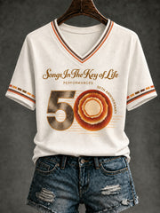 Women's 50 Years Of Songs In The Key Of Life Printed V-neck T-shirt