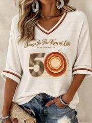 Women's 50 Years Of Songs In The Key Of Life Printed Mid-length Sleeves V-neck T-shirt