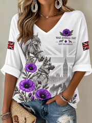 Women's Remembering The Animals Of War Mid-length Sleeves V-Neck T-Shirt