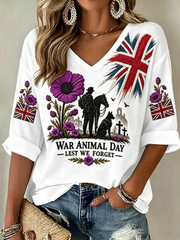 Women's Remembering The Animals Of War Mid-length Sleeves V-Neck T-Shirt