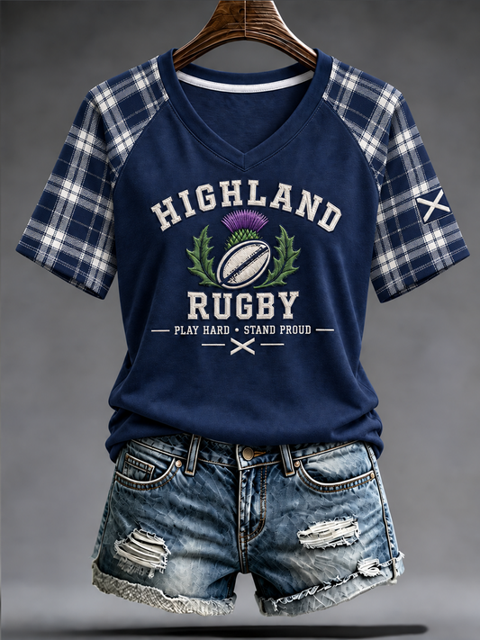 Women's Scottish rugby fans Printed V-neck off-shoulder short-sleeved T-shirt