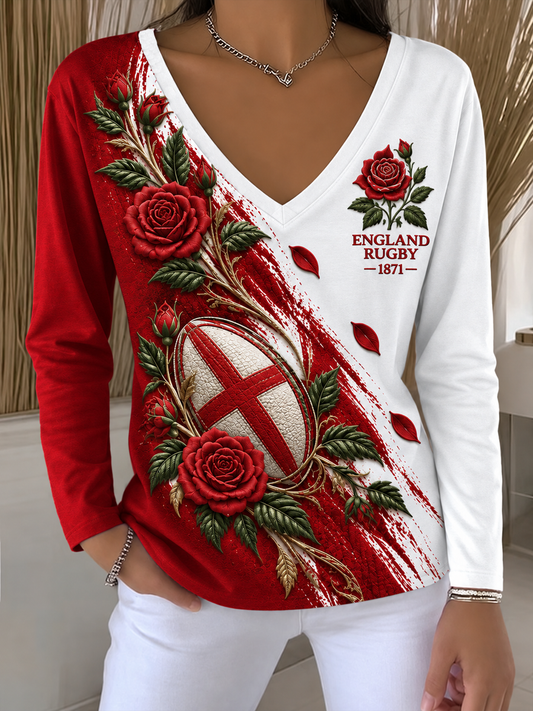 Women's England Rugby Lover Printed V-Neck T-Shirt