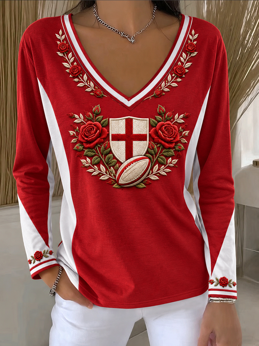 Women's England Rugby Lover Printed  V-Neck T-Shirt