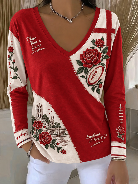 Women's England Rugby Lover Printed V-Neck T-Shirt