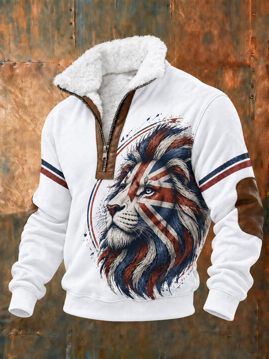 Men's British Lion Printed Plush Stand Collar Shirt