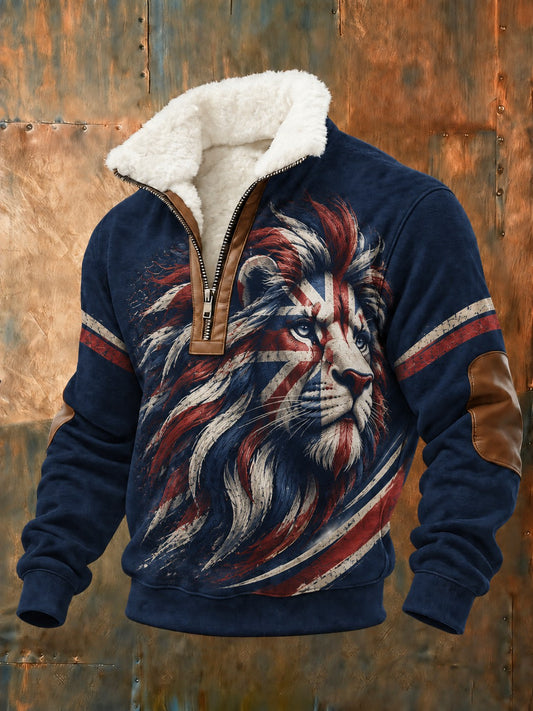Men's British Lion Printed Plush Stand Collar Shirt
