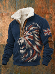 Men's British Lion Printed Plush Stand Collar Shirt