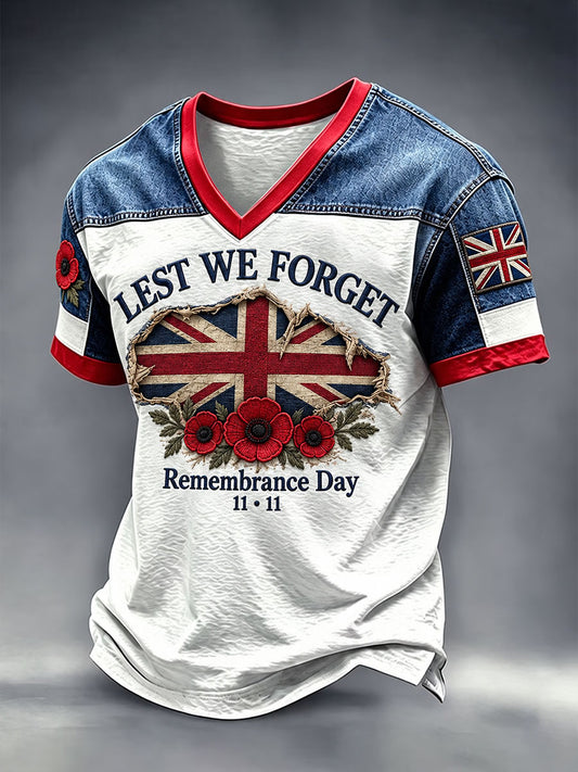 Men's Remembrance Day Lest We Forget Print V-neck T-shirt
