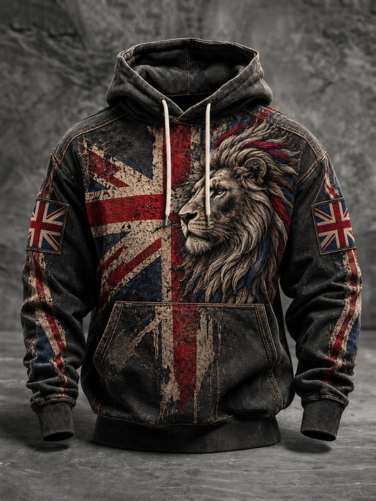 Men's Vintage British Lion Oversized Drop-Shoulder Hoodie with Pockets