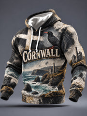 Men's Cornwall Art Print Checkered Cotton Hoodie