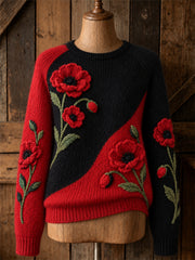 Women's Classy Papaveraceae Floral Contrast Color Print crew neck sweater