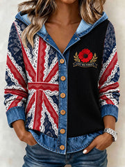 Women's Lest We Forget Print Denim Patchwork Sweatshirt