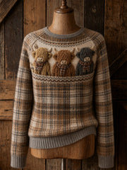 Women's Vintage Highland Cows Yoke & Scotland Tartan Print crew neck sweater
