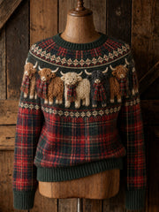Women's Vintage Highland Cows Yoke & Scotland Tartan Print crew neck sweater