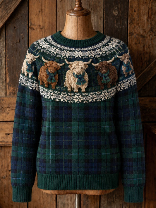 Women's Vintage Highland Cows Yoke & Scotland Tartan Print crew neck sweater
