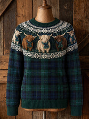 Women's Vintage Highland Cows Yoke & Scotland Tartan Print crew neck sweater
