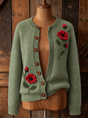 Women's Classy Papaveraceae Floral Print Cardigan-Style Knit Jacket