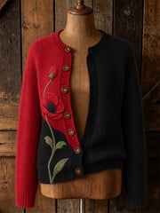 Women's Classy Papaveraceae Floral Contrast Color Print Cardigan-Style Knit Jacket