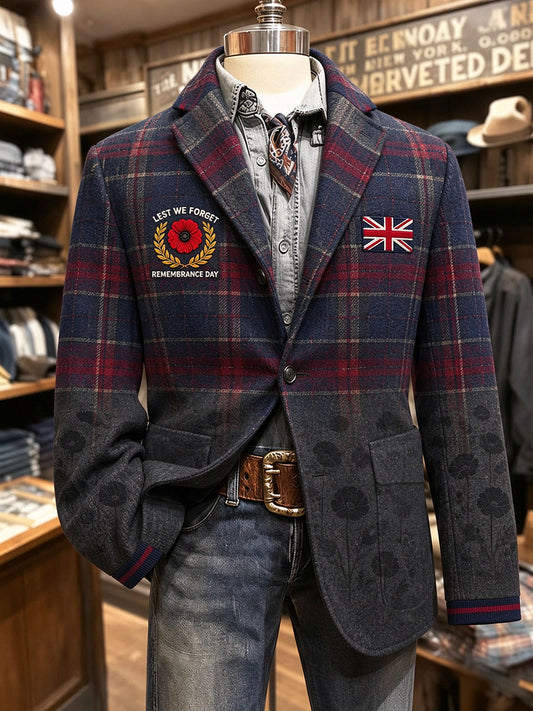 Men's Lest We Forget Print Plaid Blazer