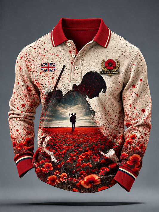 Men's Lest We Forget Print Long Sleeve Polo