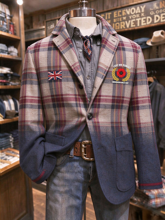 Men's Lest We Forget Print Plaid Blazer