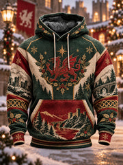 Men's Christmas Welsh Dragon Printed Oversized Drop-Shoulder Hoodie with Pockets