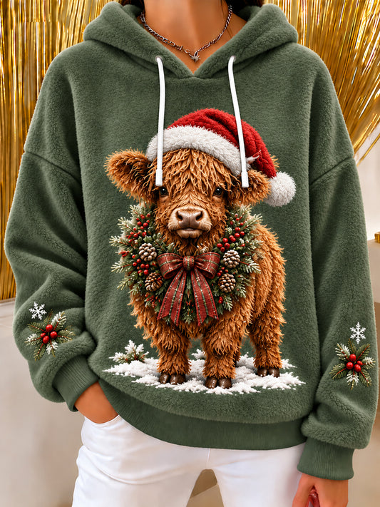 Women's Christmas Highland Cow Art Print Flannel Hoodie