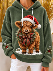 Women's Christmas Highland Cow Art Print Flannel Hoodie