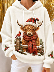 Women's Christmas Highland Cow Art Print Flannel Hoodie