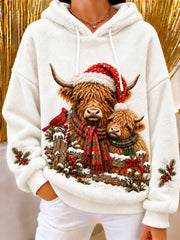 Women's Christmas Highland Cow Art Print Flannel Hoodie