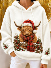 Women's Christmas Highland Cow Art Print Flannel Hoodie