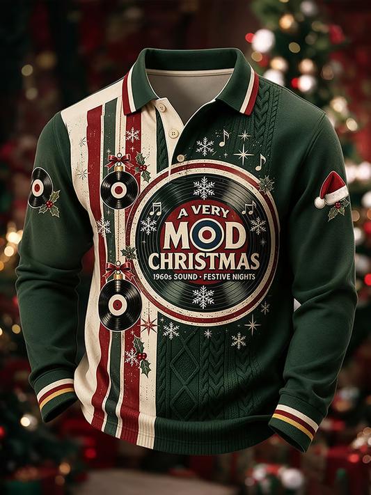 Men's Mods Culture Uk Music Lover Christmas Printed long sleeve polo