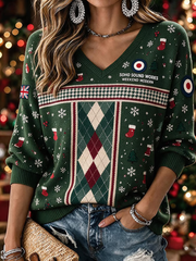 Women's Mods Culture Uk Music Lover Christmas Printed Mid-length Sleeves V-Neck T-Shirt
