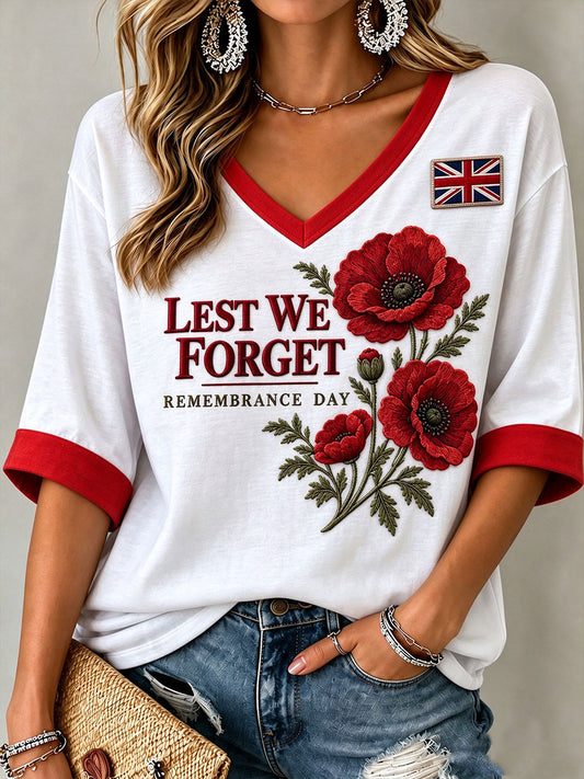 Women's Lest We Forget Print Mid-length Sleeves V-Neck T-Shirt