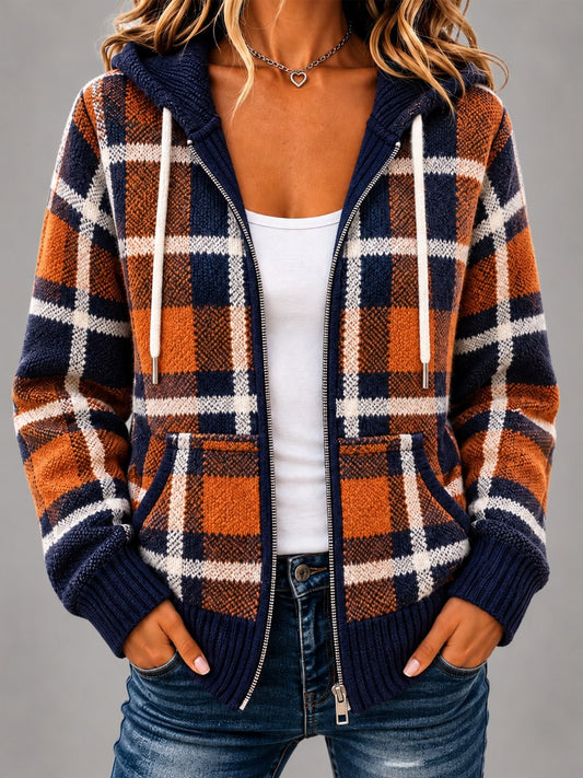 Women's Retro Plaid Print Casual Zipper Hoodie