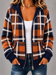 Women's Retro Plaid Print Casual Zipper Hoodie