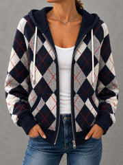 Women's Retro Plaid Print Casual Zipper Hoodie