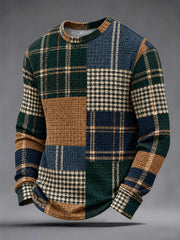 Men's Retro Plaid Print Casual Waffle Long Sleeve T-Shirt