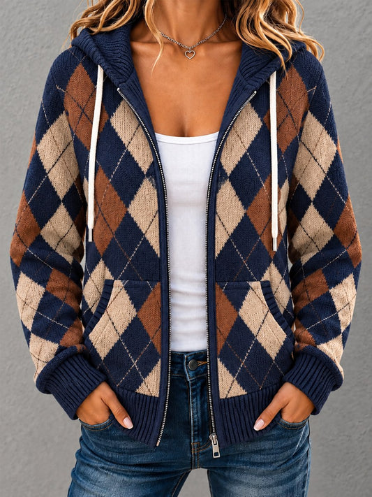 Women's Retro Plaid Print Casual Zipper Hoodie