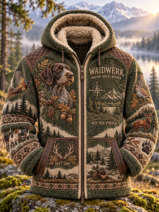 Men's Hunting Season Stag and Hound Print Pocket Zip Up Flannel Jacket